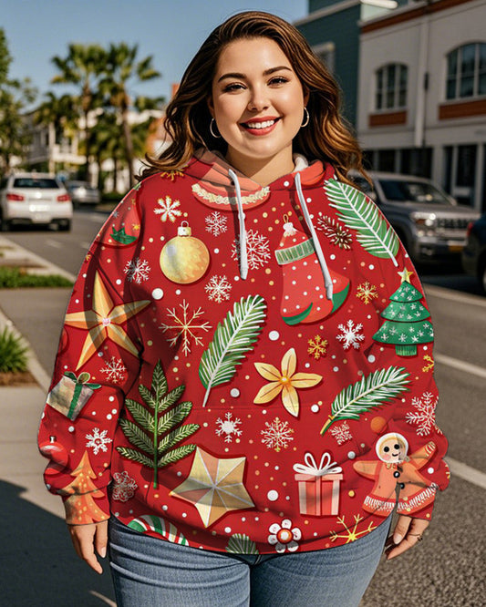 Ladies' Christmas Print Plus Size Hooded Long Sleeve Hoodie