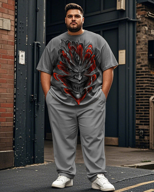 Dragon Print Short Sleeve T-Shirt and Trousers Large Size Men's Suit