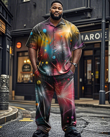 Oil Painting Fireworks Print Short-sleeved Shirt and Trousers Plus Size Men's Suit