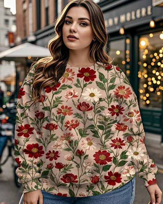 Plus Size Women's Floral Print Long Sleeve Crewneck Sweatshirt