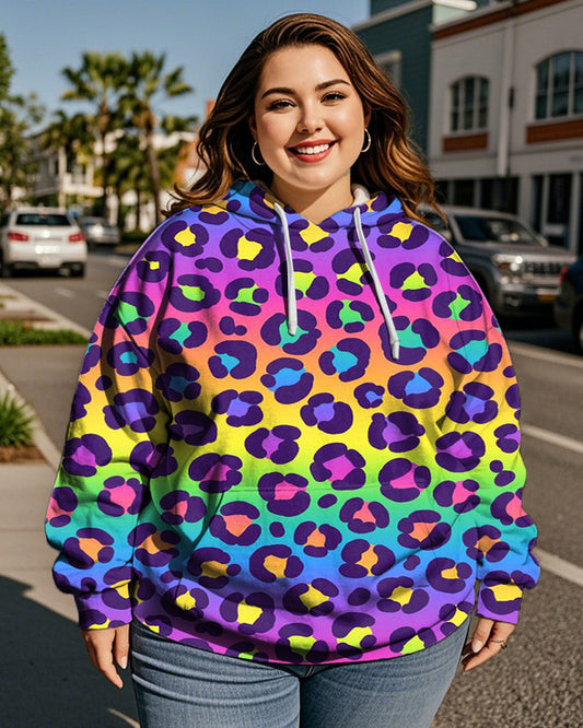 Women's Colorful Leopard Print Large-size Hooded Long-sleeved Hoodie