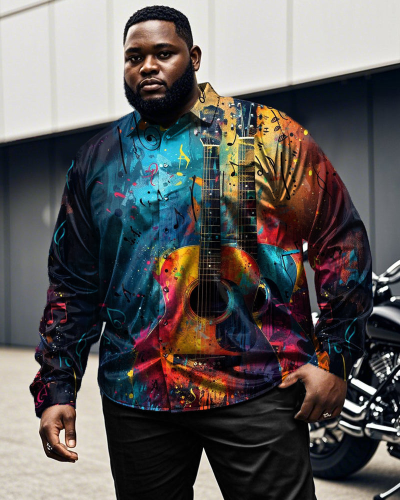 Graffiti Guitar Print Men's Plus-size Long-sleeved Shirt