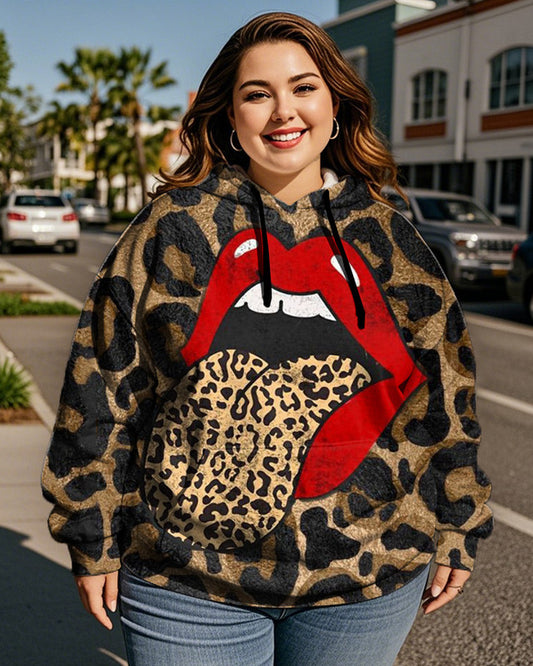 Women's Leopard-print Lip Print Plus Size Hooded Long-sleeved Hoodie