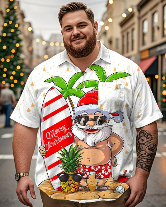 Santa Claus Holiday Print Lapel Plus Size Short-sleeved Shirt