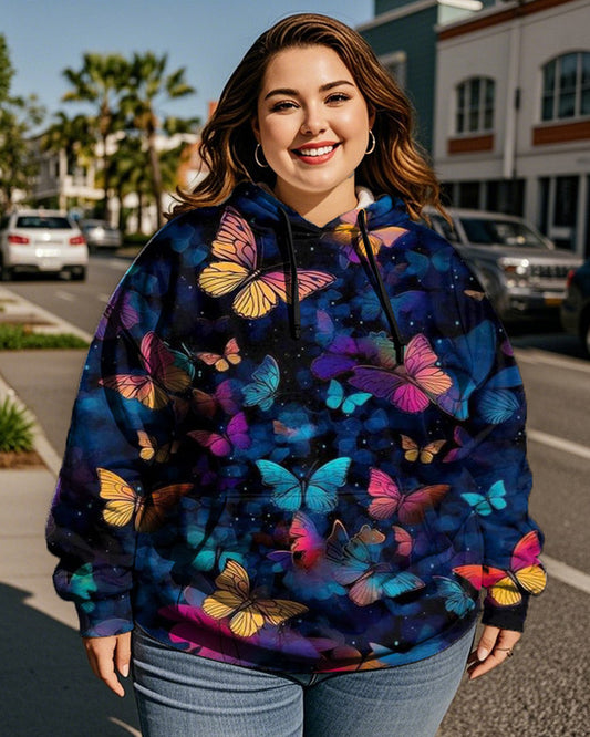 Women's Colorful Butterfly Print Large Size Hooded Long-sleeved Hoodie