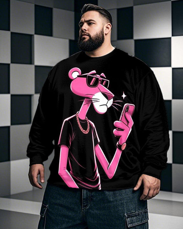 Men's Pink Panther Cartoon Plus-size Crew Neck Long Sleeve Top