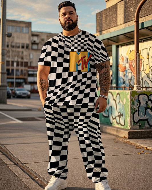 MTV Checkerboard Printed Large Size Short Sleeve Men's Suit