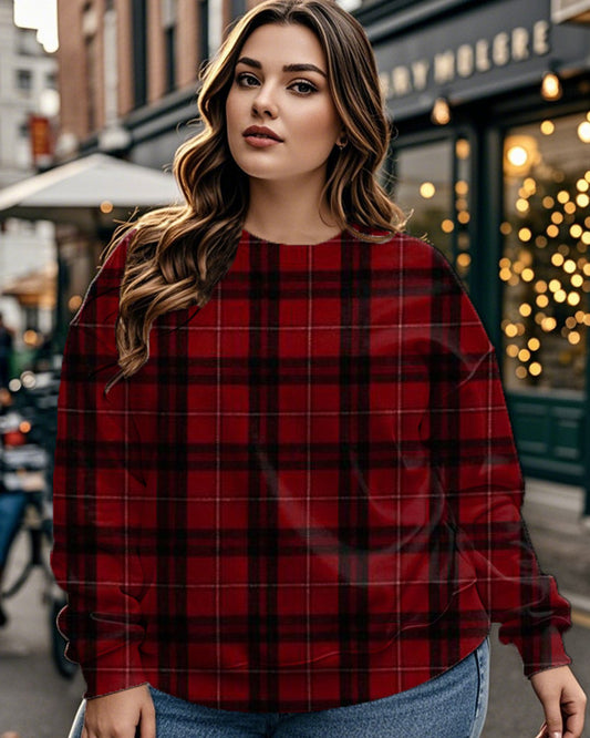 Plus Size Women's Plaid Print Long Sleeve Crewneck Sweatshirt