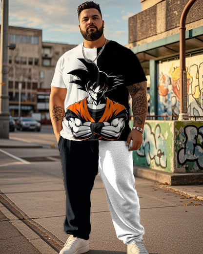 Color Matching Comic Print Large Size Short-Sleeved T-Shirt And Trousers Men's Two-Piece Set