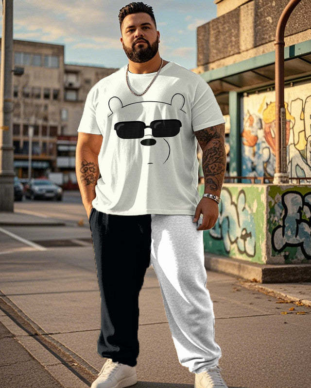 Color Matching Polar Bear Print Large Size Short-Sleeved T-Shirt And Trousers Men's Two-Piece Set