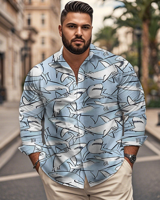 Men's Shark Personality Vintage Print Plus Size Long Sleeve Shirt