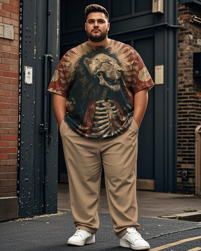 Retro Lion Print Short-sleeved T-shirt and Trousers Plus Size Men's Suit