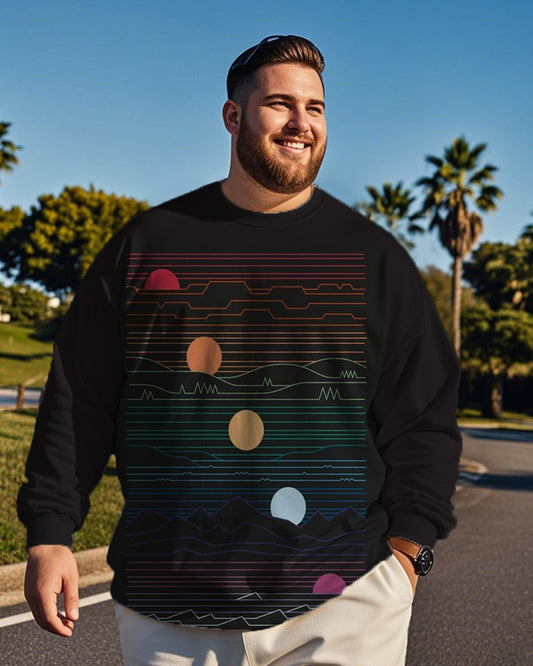 Color Line Printed Round Neck Large Size Men's Sweatshirt