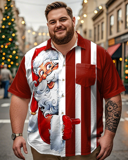 Santa Claus Color-matching Striped Print Lapel Short-sleeved Plus-size Shirt