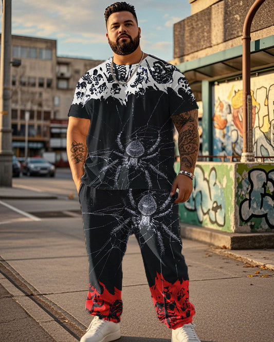 Color-Coded Spider Skull Print Large Size Short-Sleeved T-Shirt And Trousers Men's Two-Piece Set