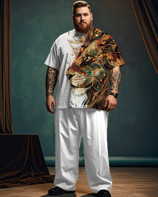 Retro Lion Print Short-sleeved T-shirt and Trousers Plus Size Men's Suit