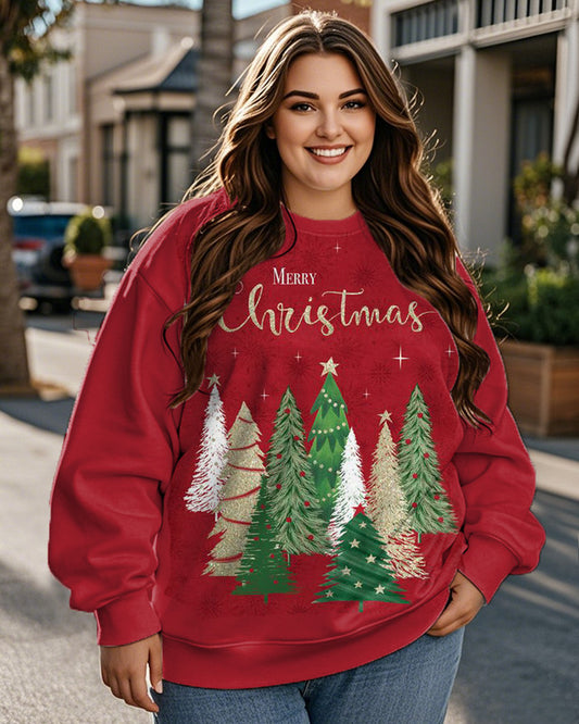 Plus Size Women's Christmas Tree Print Long Sleeve Crewneck Sweatshirt