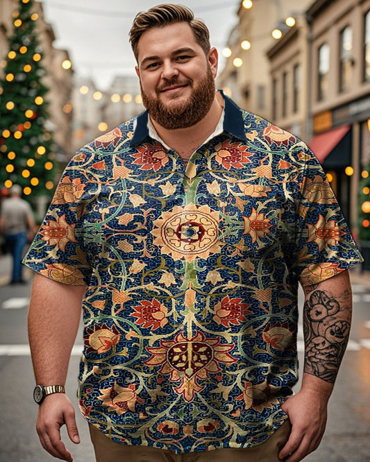 Floral Vintage Print Lapel Plus-size Men's Short-sleeved Shirt