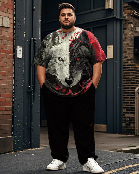 Wolf Head Contrasting Print Short-sleeved T-shirt and Trousers Plus Size Men's Suit