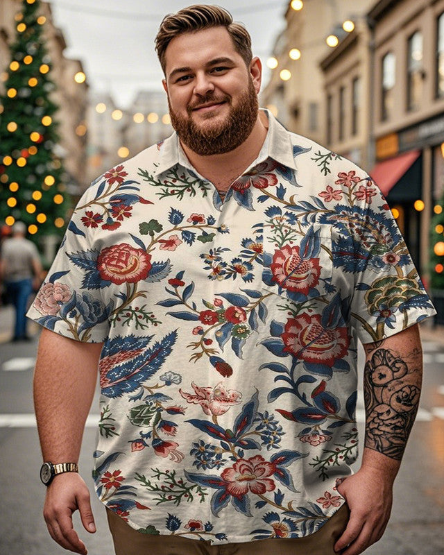 Vintage Floral Print Lapel Plus-size Men's Short-sleeved Shirt