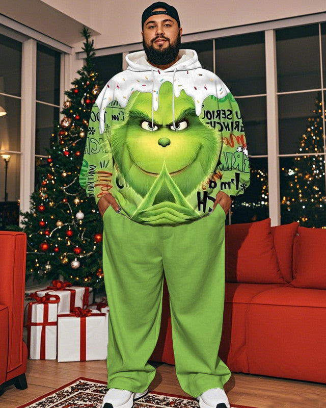 Christmas Monster Print Hooded Sweatshirt Trousers Large Size Men's Suit