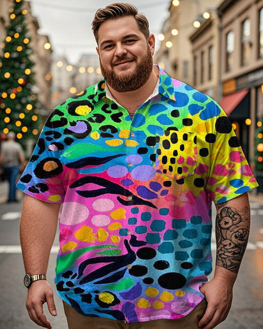 Colorful Leopard Print Lapel Short-sleeved Plus-size Shirt