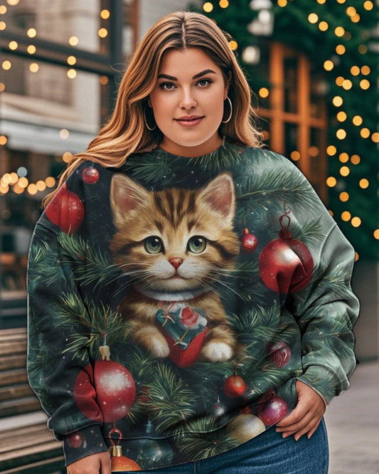 Ladies' Printed Santa Kitty Round Neck Plus Size Long Sleeve Top