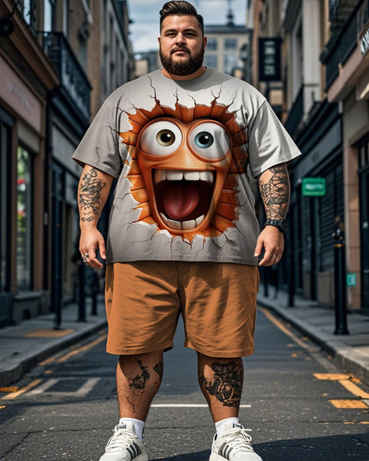 Printed Smiley Face Short Sleeve Shorts Plus Size Men's Suit