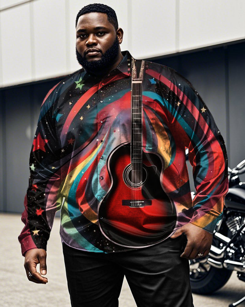 Whirlpool Guitar Print Men's Plus-size Long-sleeved Shirt