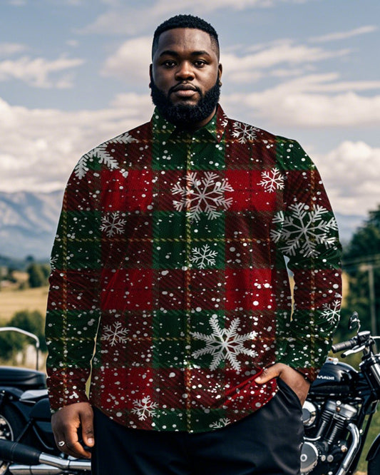 Christmas Plaid Printed Plus-size Men's Long-sleeved Lapel Shirt